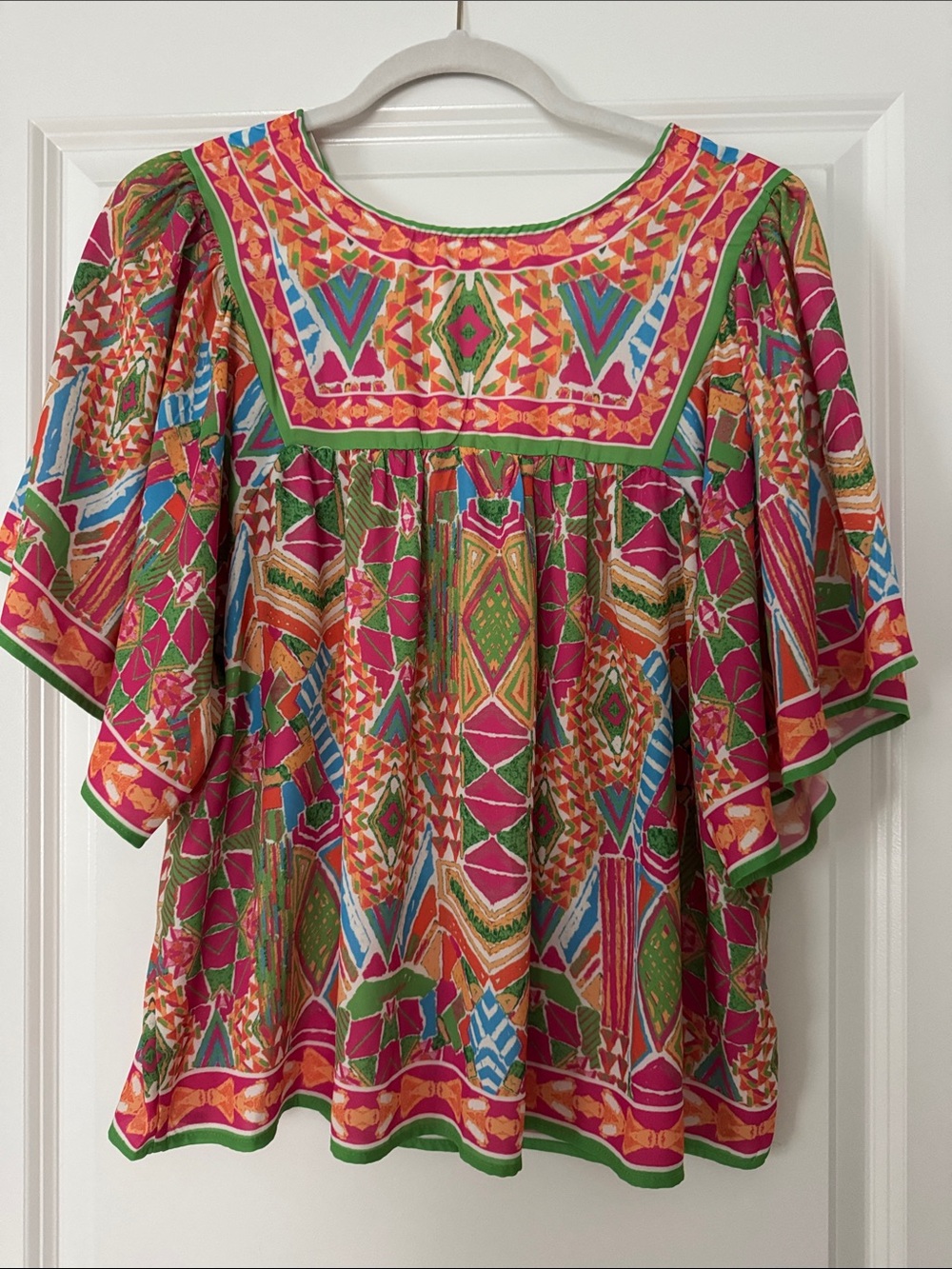 Multicolor Geometric Peasant Blouse - Pink & Green